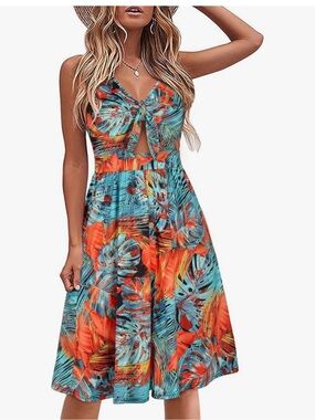 Resort Wear Turquoise & Orange Tropical Tie-Front Midi Dress